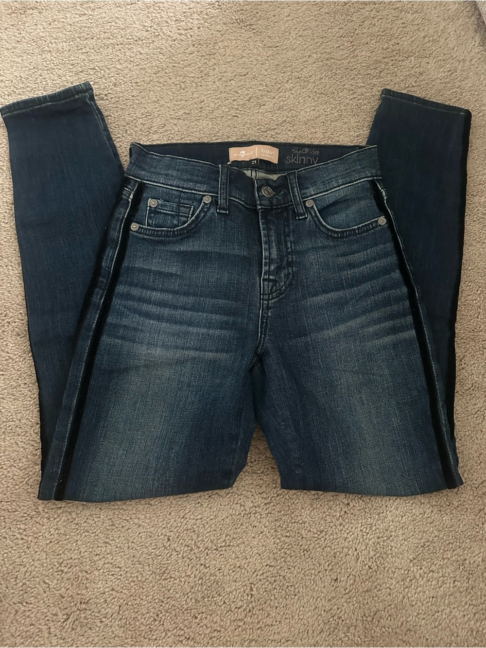 7 For All Mankind Dark Blue Skinny Jeans with Side Stripe